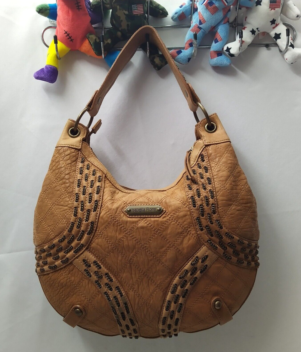 Isabella Fiore Tan Brown Learher Stitching Zipper Closure Hobo Shoulder Bag